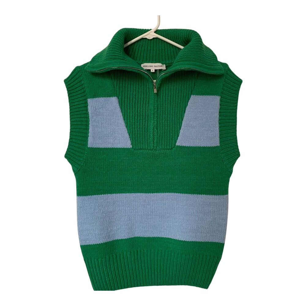 English Factory Green and Light Blue Sleeveless Cowl Zip Sweater
